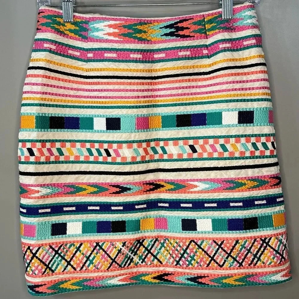 Etcetera Skirt Embroidered Linen Mini Skirt Rainbow Geometric Pattern Size 4